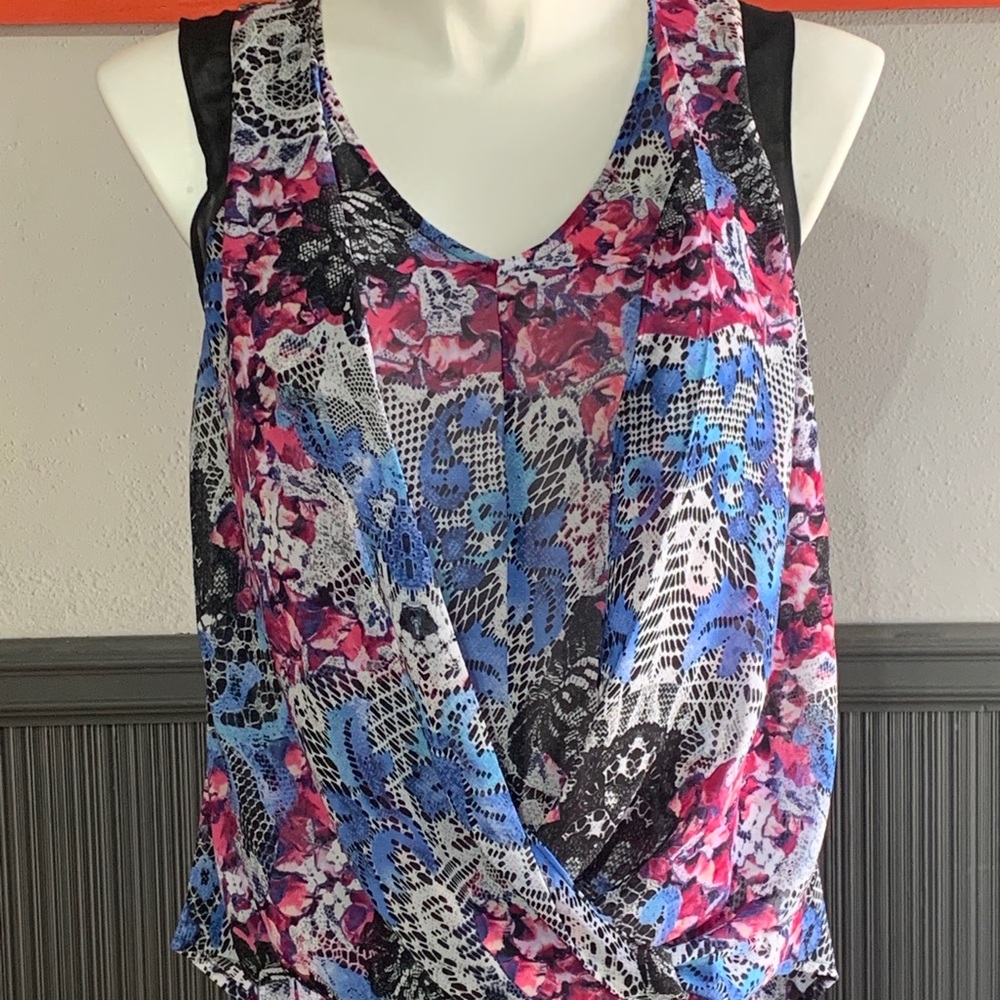 Nicole by Nicole Miller Pink Blue Black Floral Mixed-Print Sleeveless Blouse